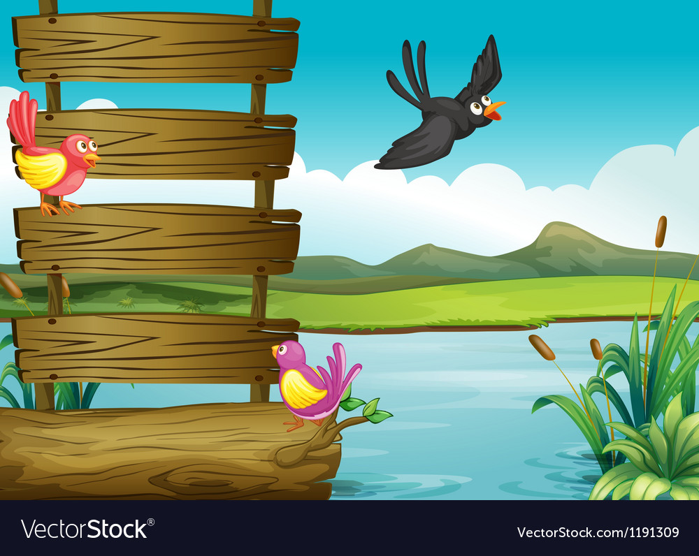 Birds near a blank wooden signage Royalty Free Vector Image