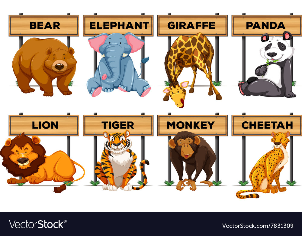 Many type animals with wooden signs Royalty Free Vector