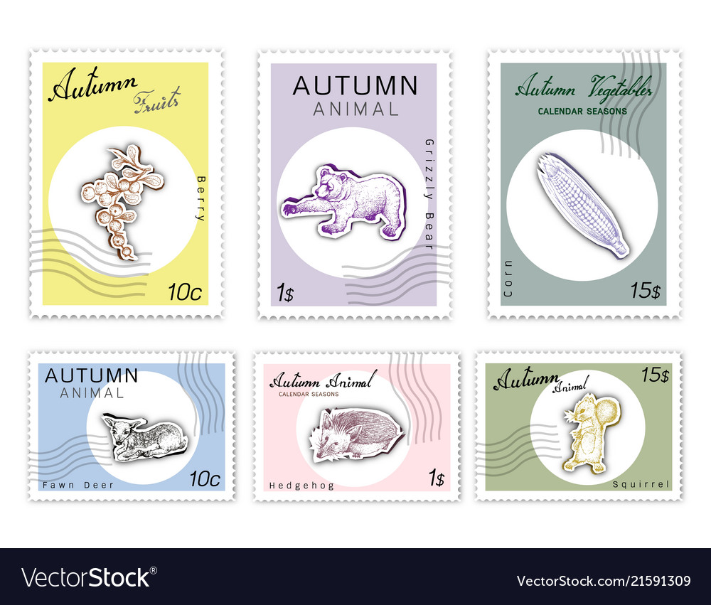 Post stamps set of autumn animals and plants Vector Image