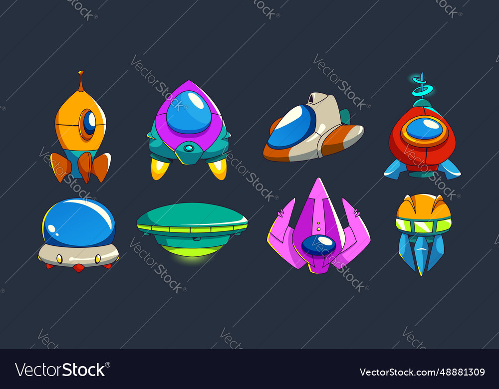 Spaceship and alien ufo ui game cartoon set Vector Image