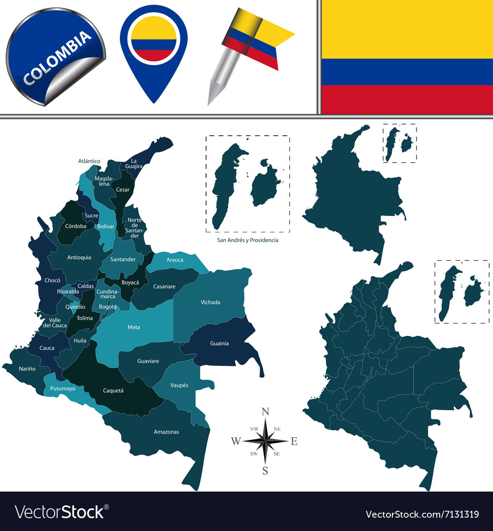 Colombia map with named divisions Royalty Free Vector Image