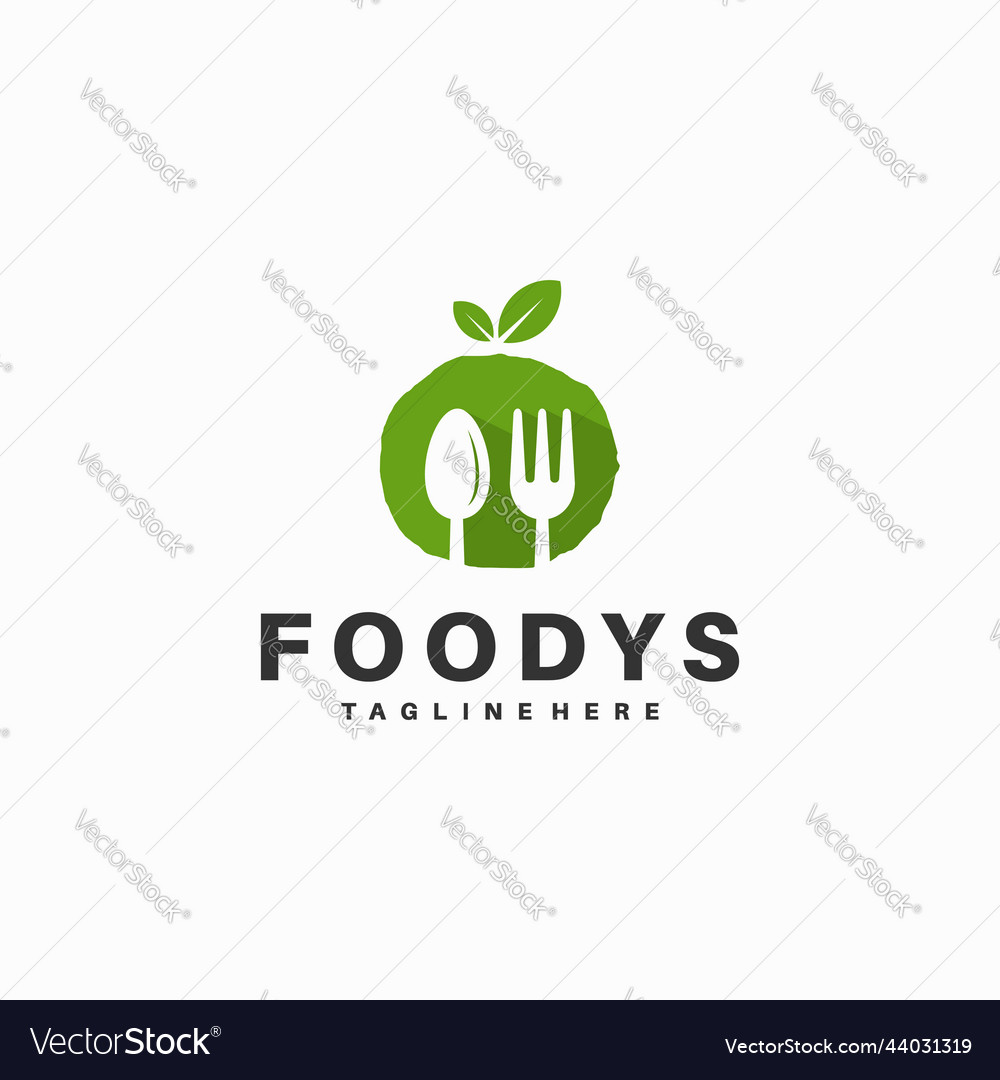 Green food logo with spoon and fork sign Vector Image