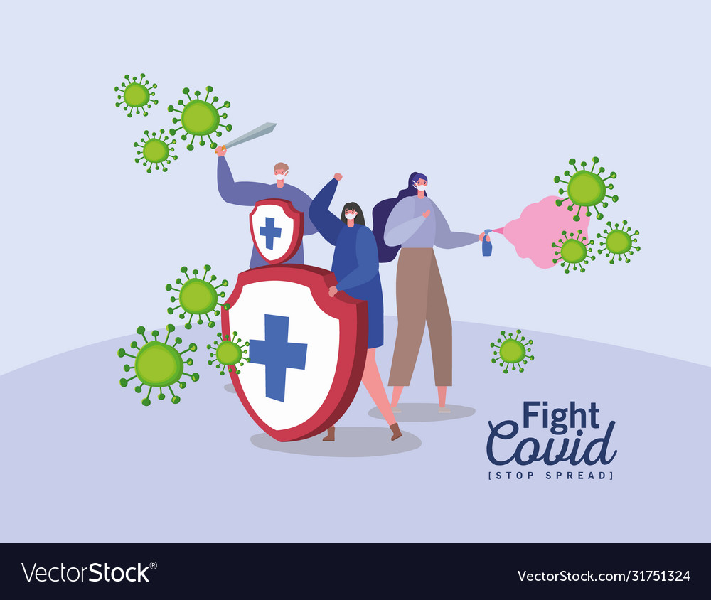 People with masks shield sword and spray fight Vector Image