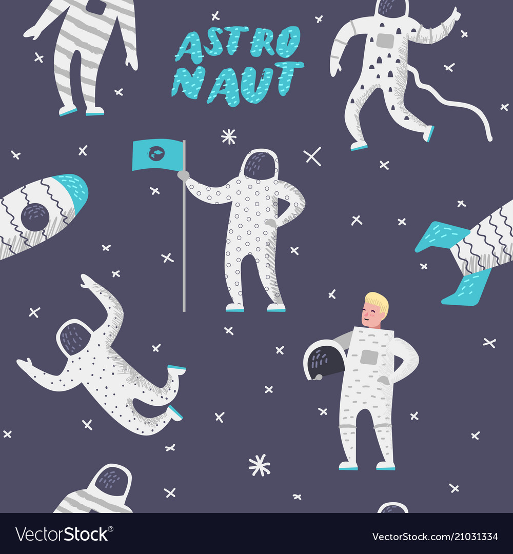 Astronaut with stars and rocket seamless pattern vector image Astronaut with stars and rocket seamless pattern