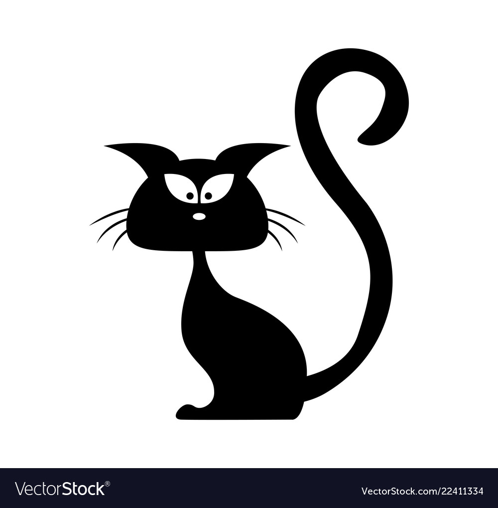 Cartoon black cat drawing. Simple and cute kitten silhouette