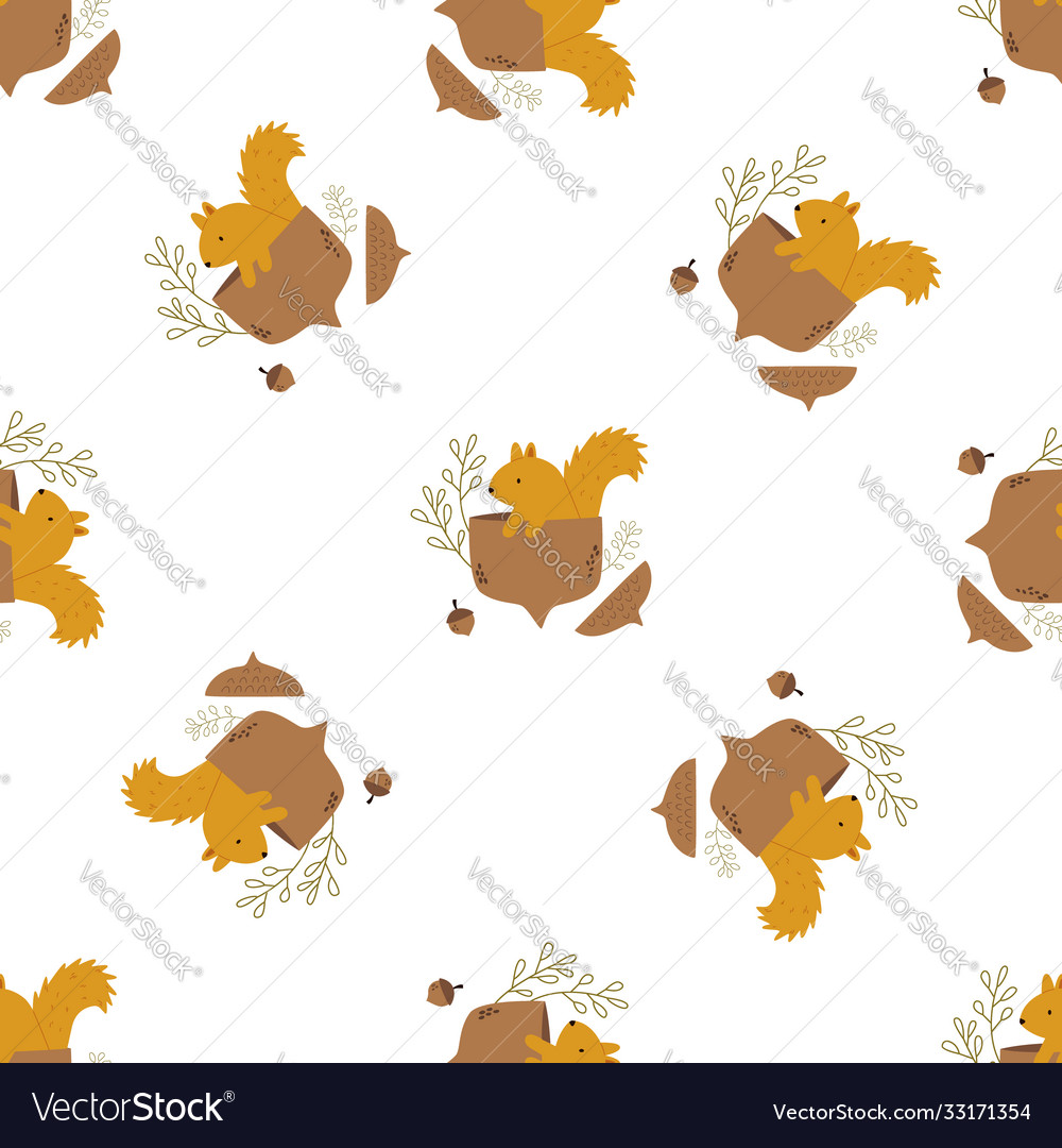 Cute seamless pattern with squirrels in nuts vector image Cute seamless pattern with squirrels in nuts