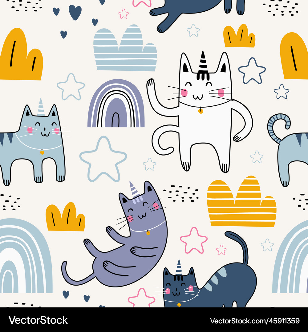 Cute cat seamless pattern with character Vector Image