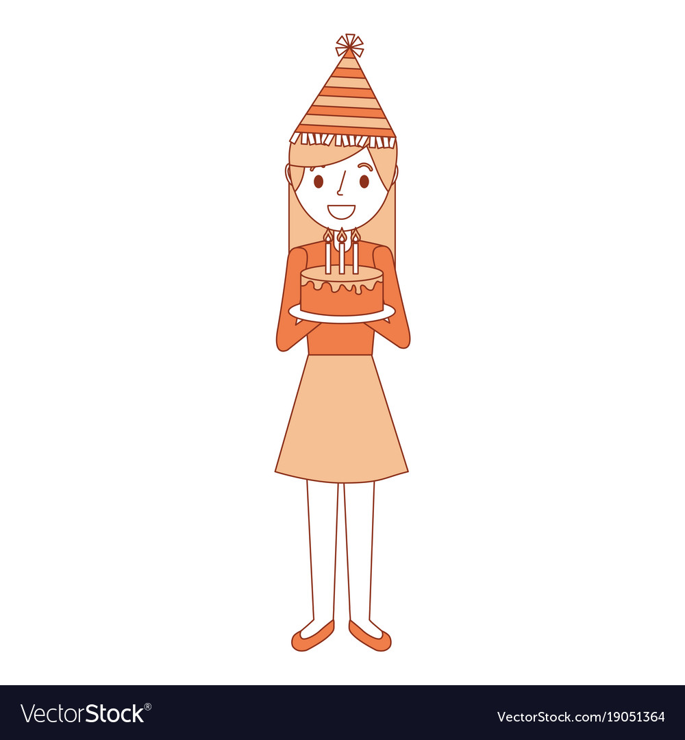 Happy woman holding birthday cake wearing party Vector Image