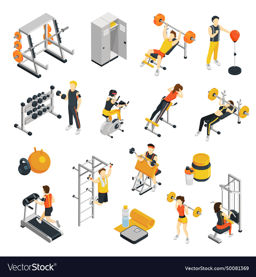 Fitness in gym isometric icons set Royalty Free Vector Image