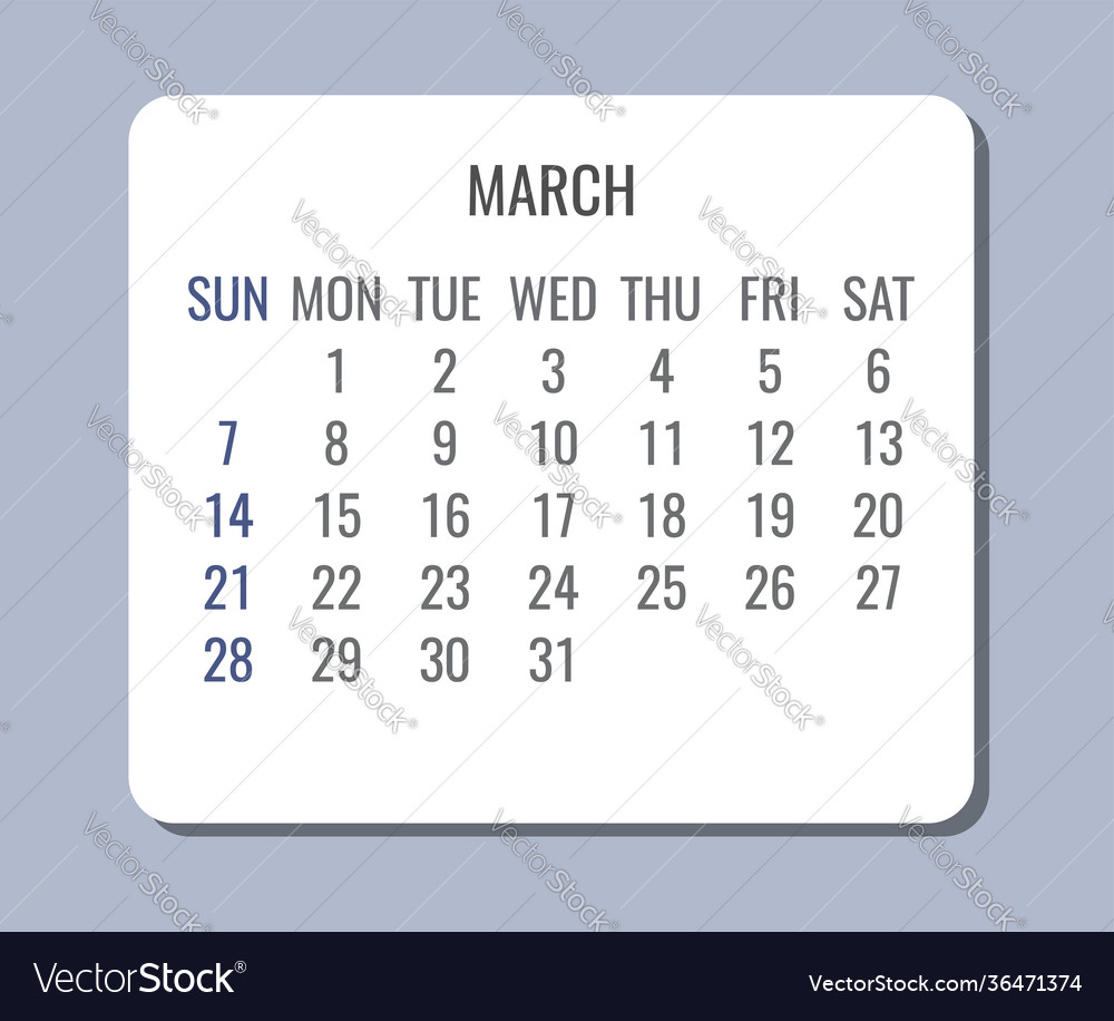 March year 2021 monthly minimalist calendar Vector Image