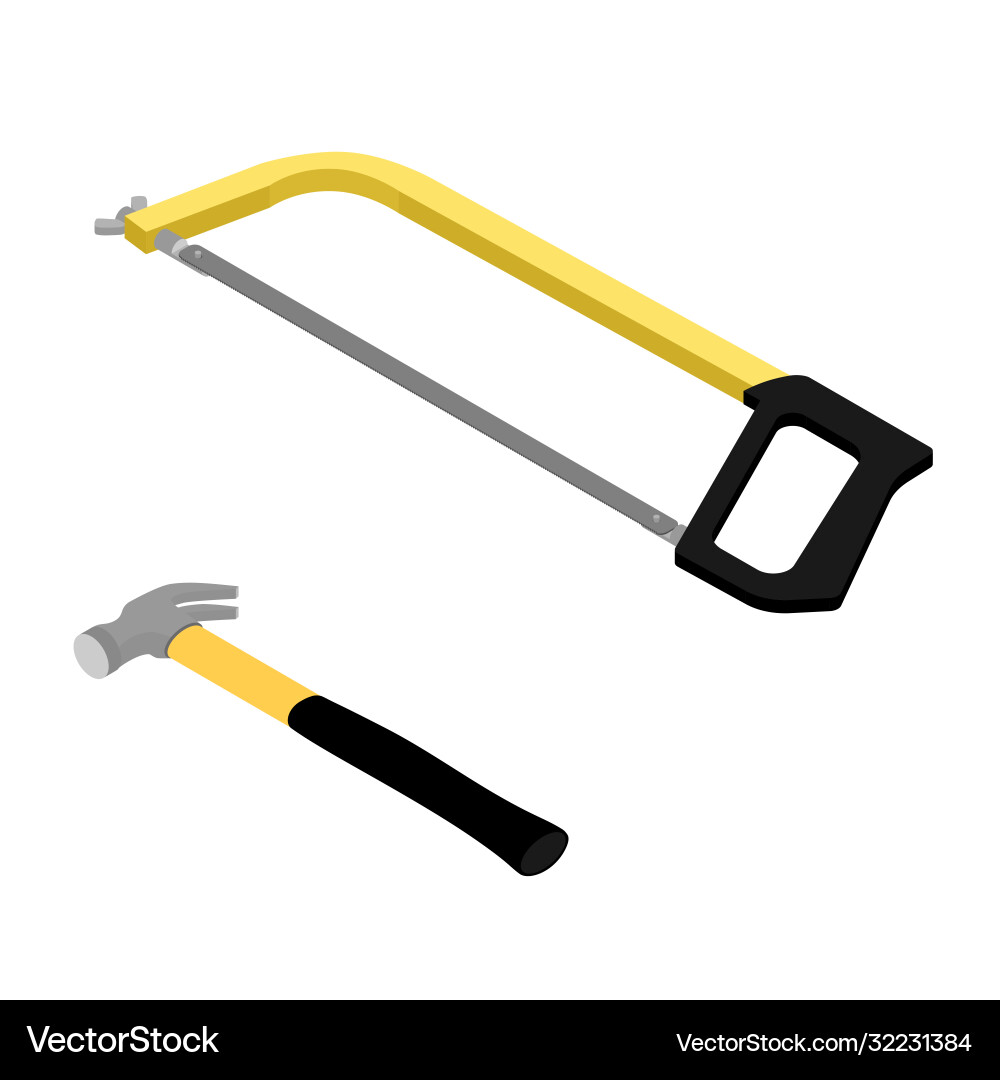 New handsaw and iron hammer isometric view Vector Image