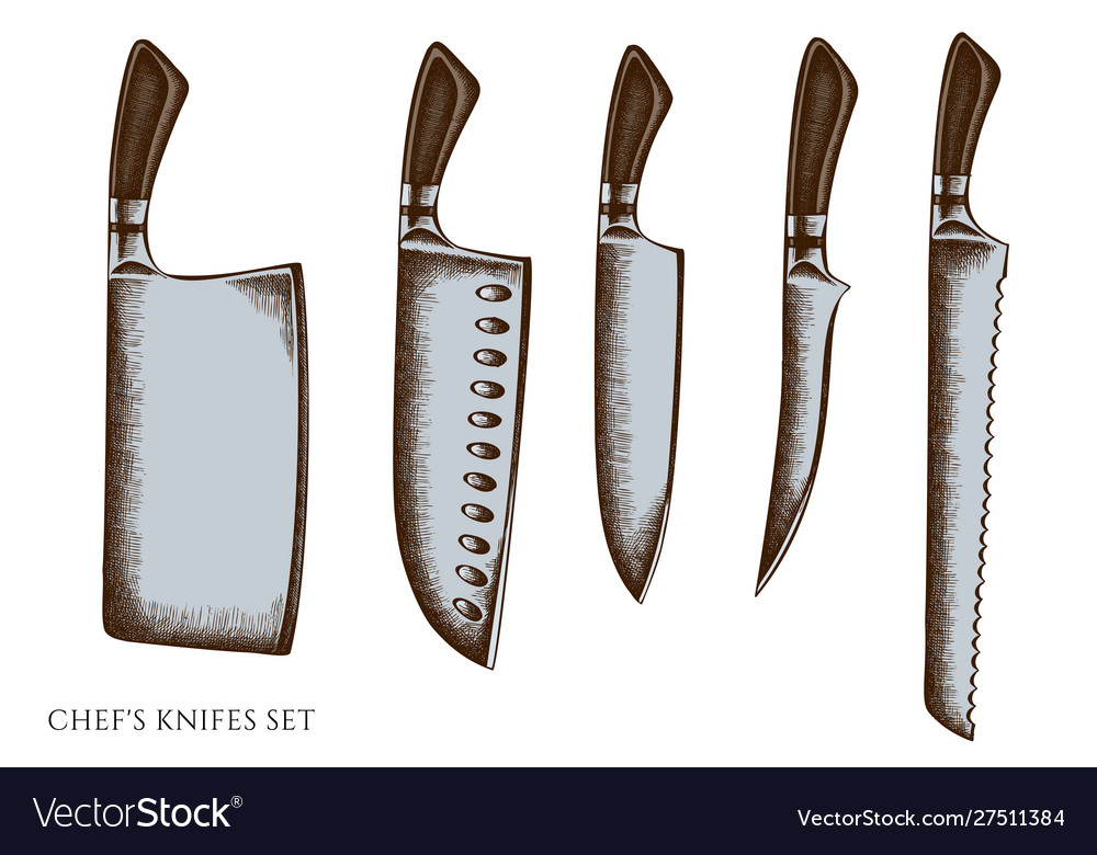 Set hand drawn colored chef s knifes Royalty Free Vector