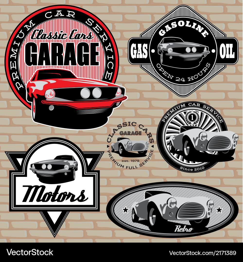 Set emblems with retro car on wall Royalty Free Vector Image