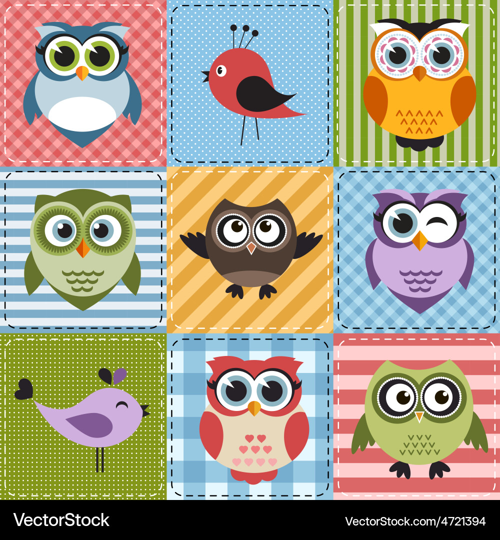 Patchwork with owls and birds Royalty Free Vector Image