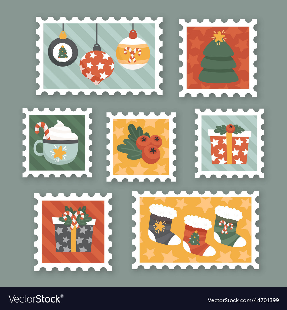 Hand drawn christmas stamp collection design Vector Image