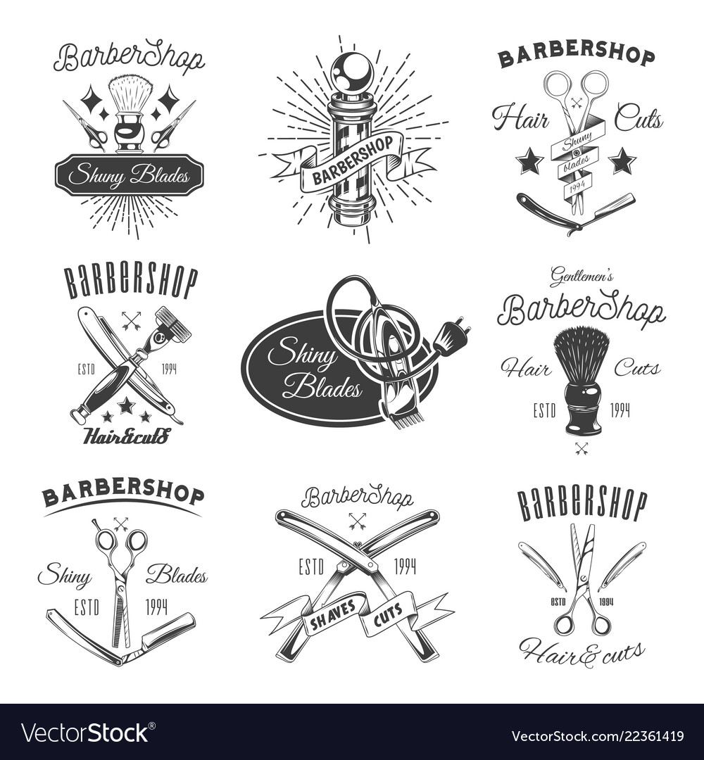 Barber shop shiny blades promotional emblems set Vector Image