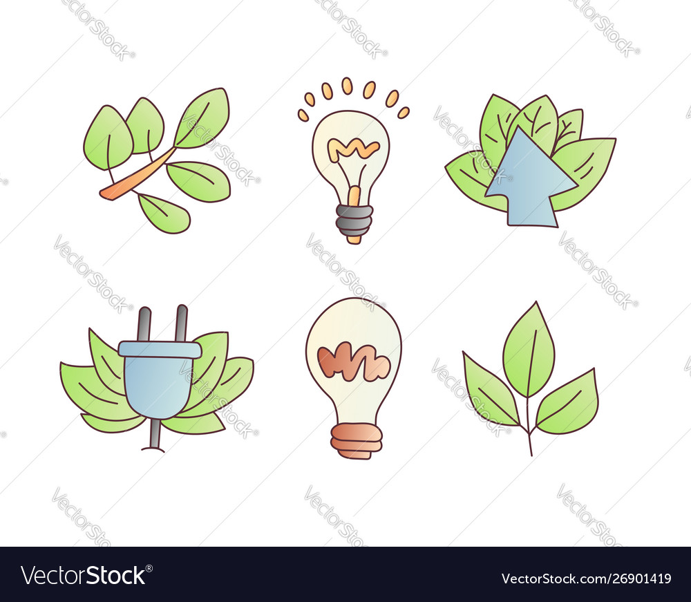 Save energy cartoon icons green leaves Royalty Free Vector Save energy cartoon icons green leaves Royalty Free Vector