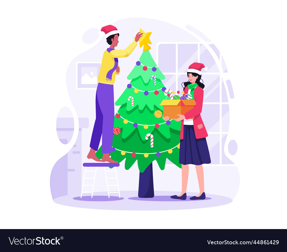 Couple is decorating a christmas tree together Vector Image