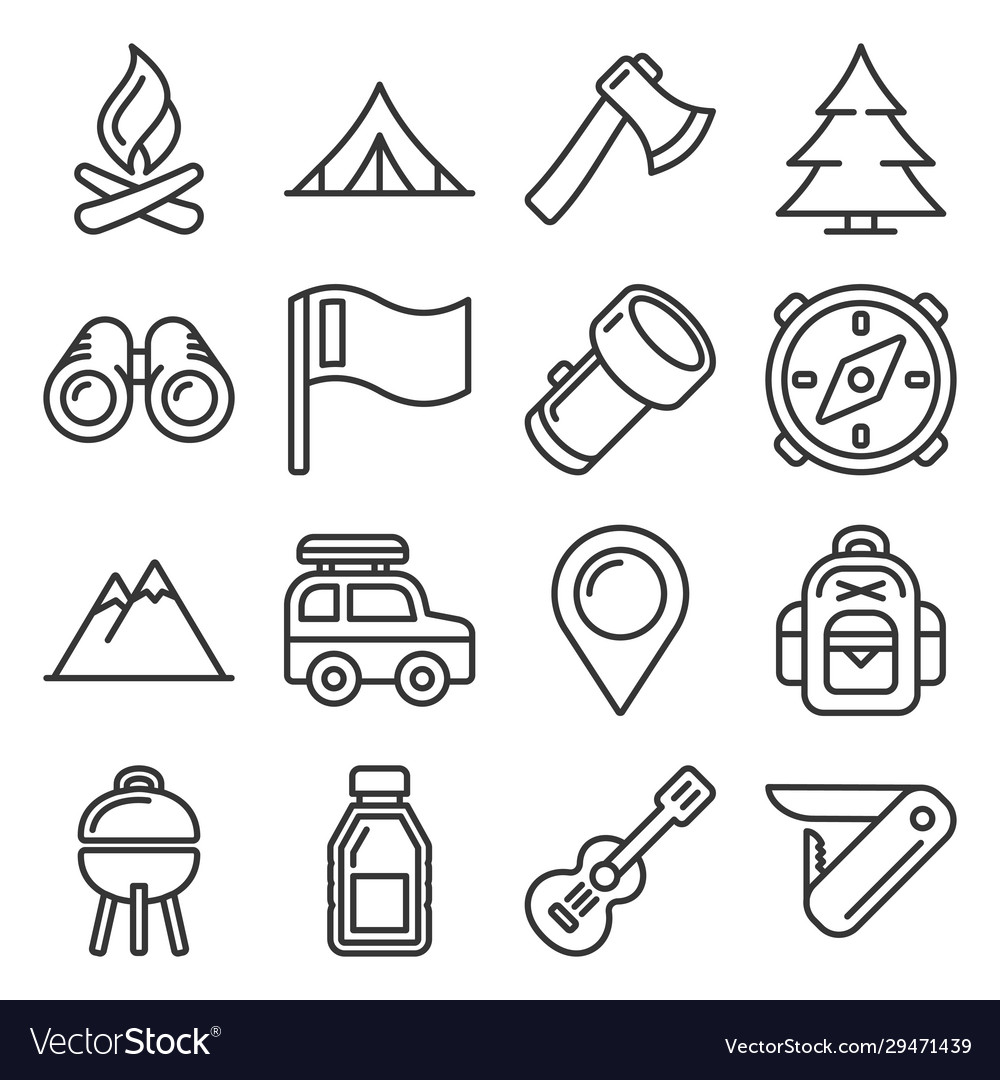 Hiking and camping icons set line style Royalty Free Vector