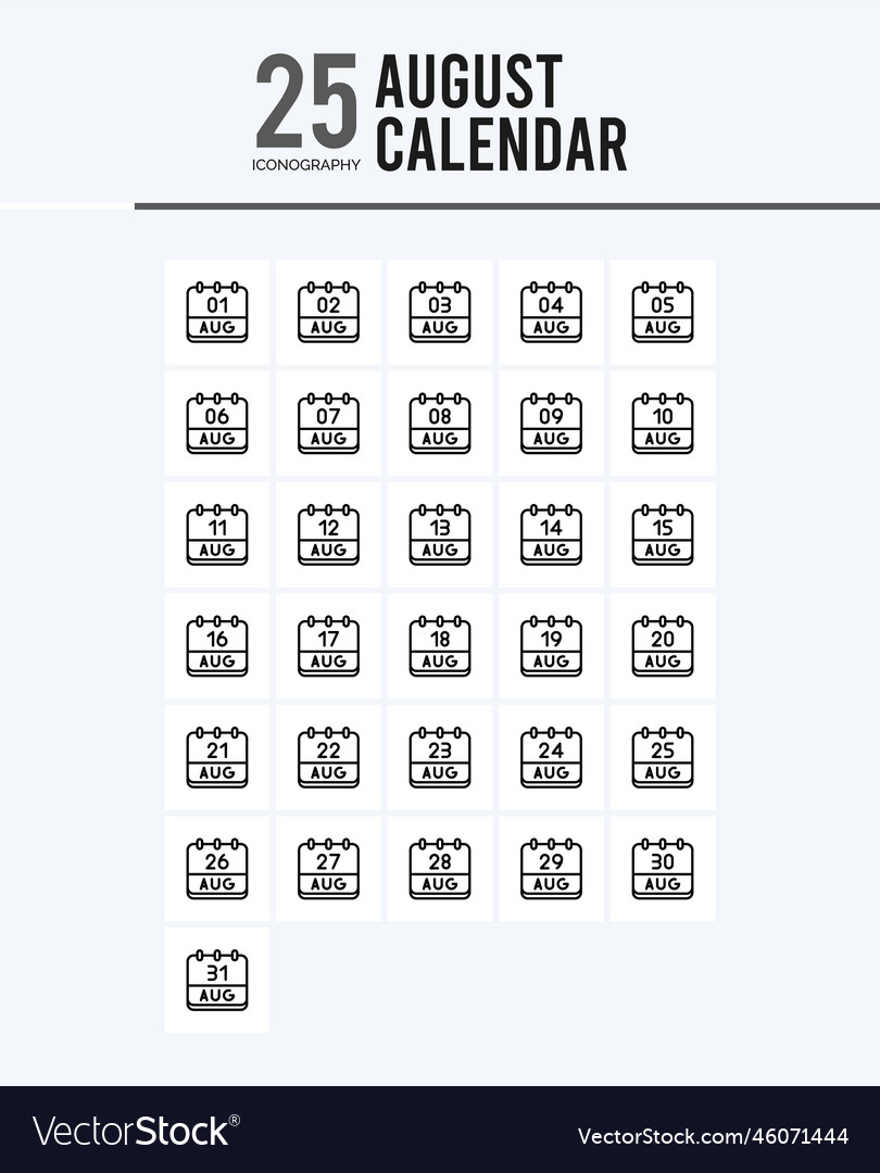 25 august calendar outline icons pack Royalty Free Vector