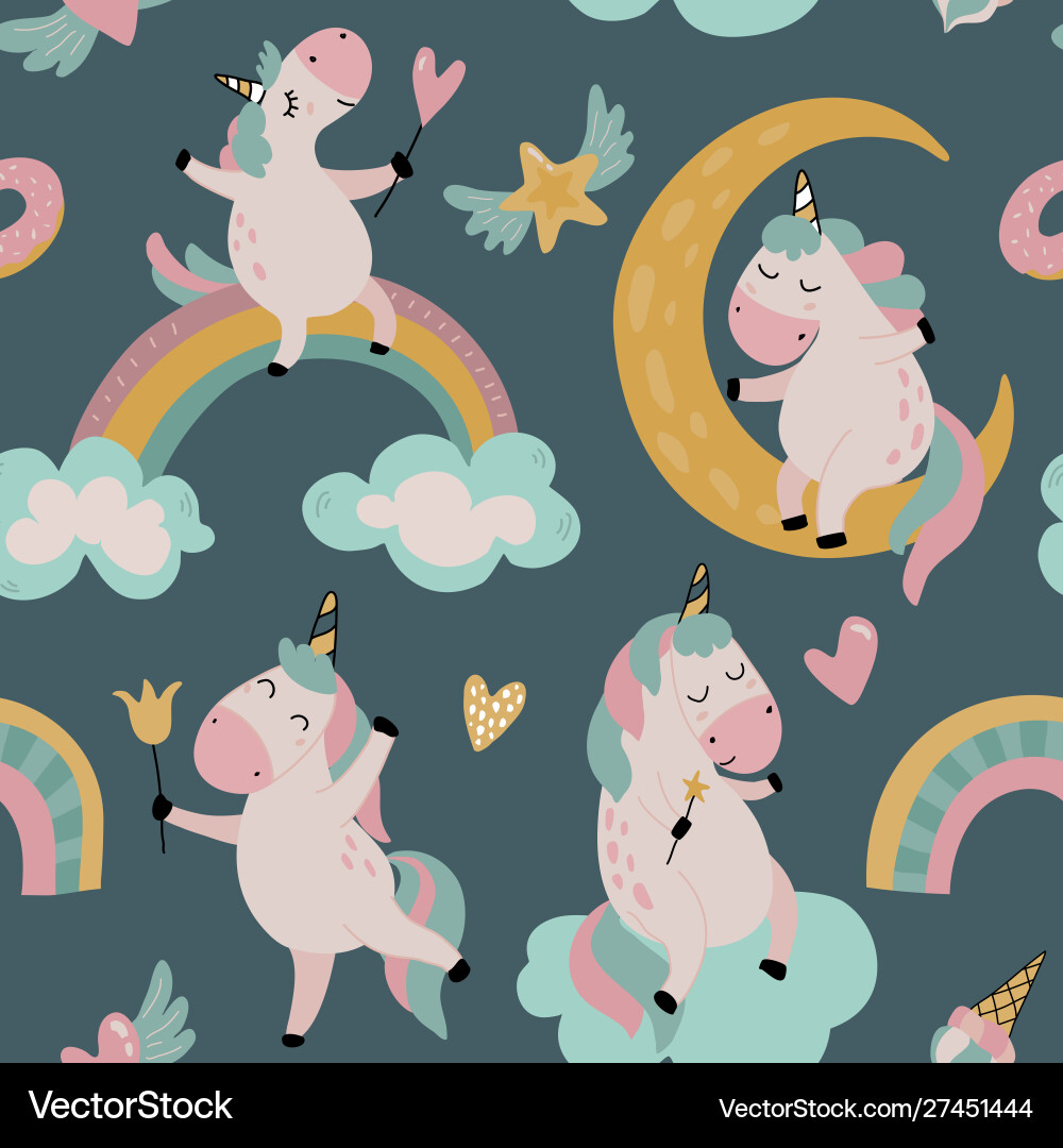 Seamless pattern with cute unicorns clouds Vector Image