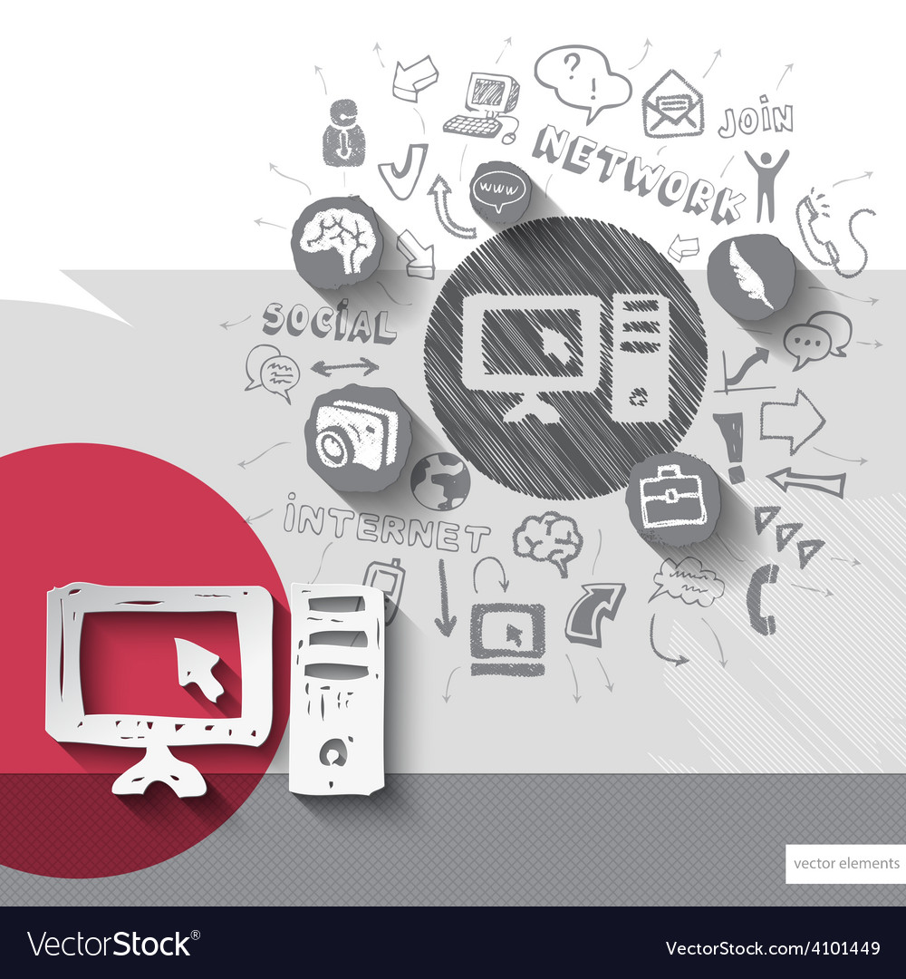 Paper and hand drawn computer emblem with icons Vector Image