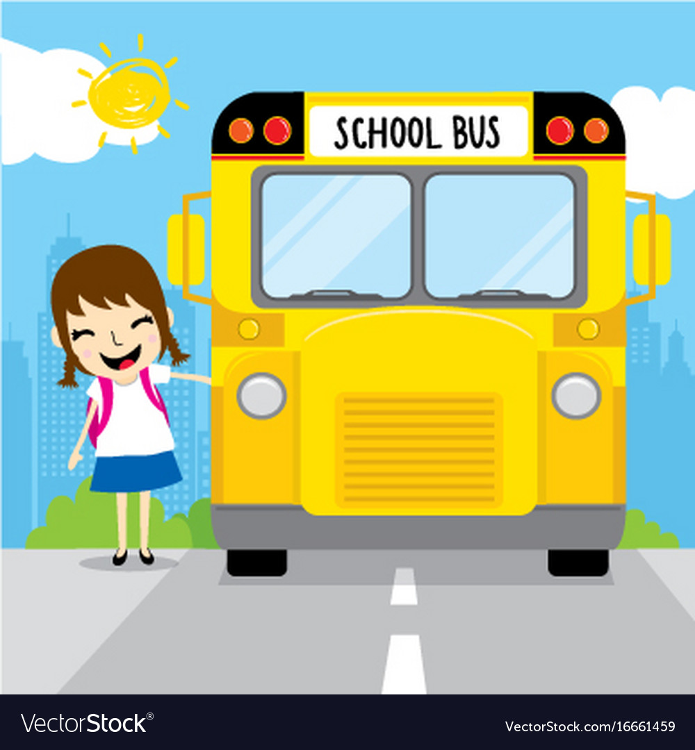 Girl student go to school by school bus in the mor