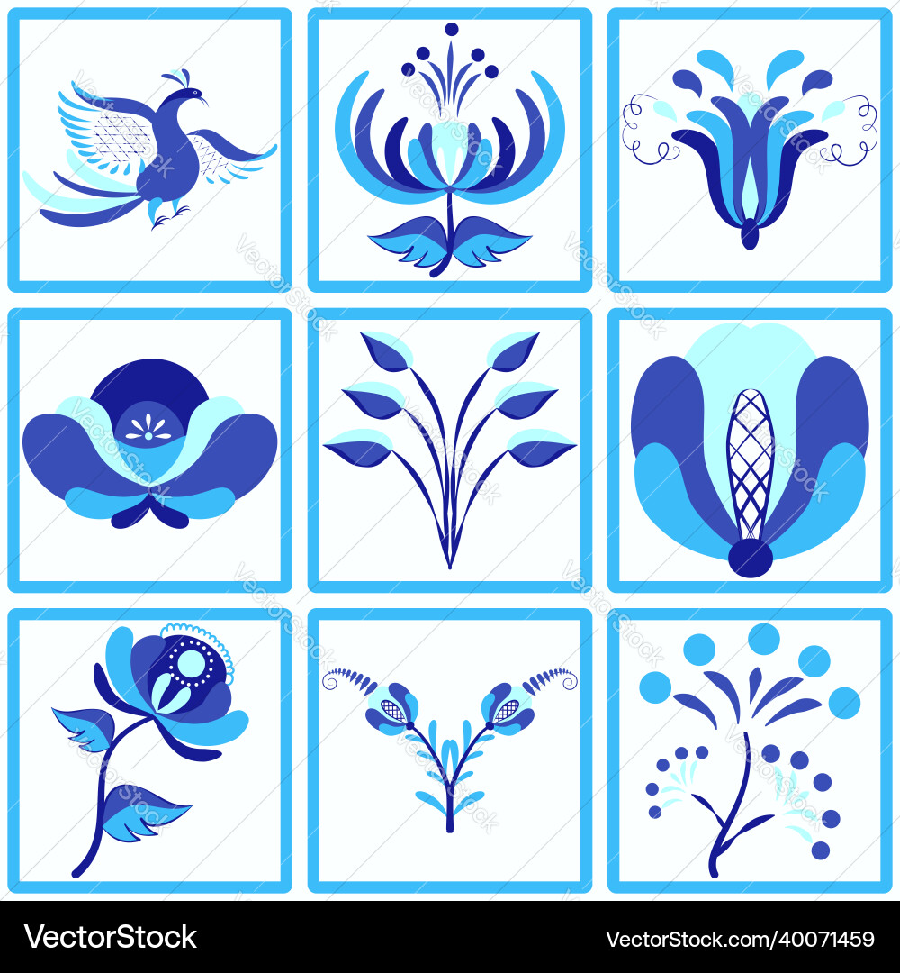 Tile pattern with flowers and a bird traditional Vector Image