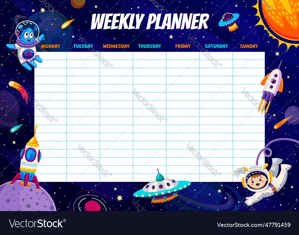 Weekly planner cartoon space characters planets Vector Image