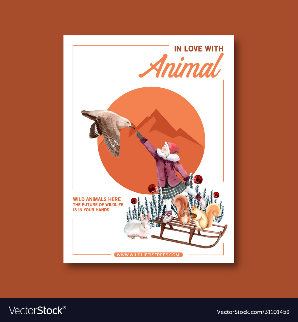 Winter animal poster design with bird mountain Vector Image Winter animal poster design with bird mountain Vector Image