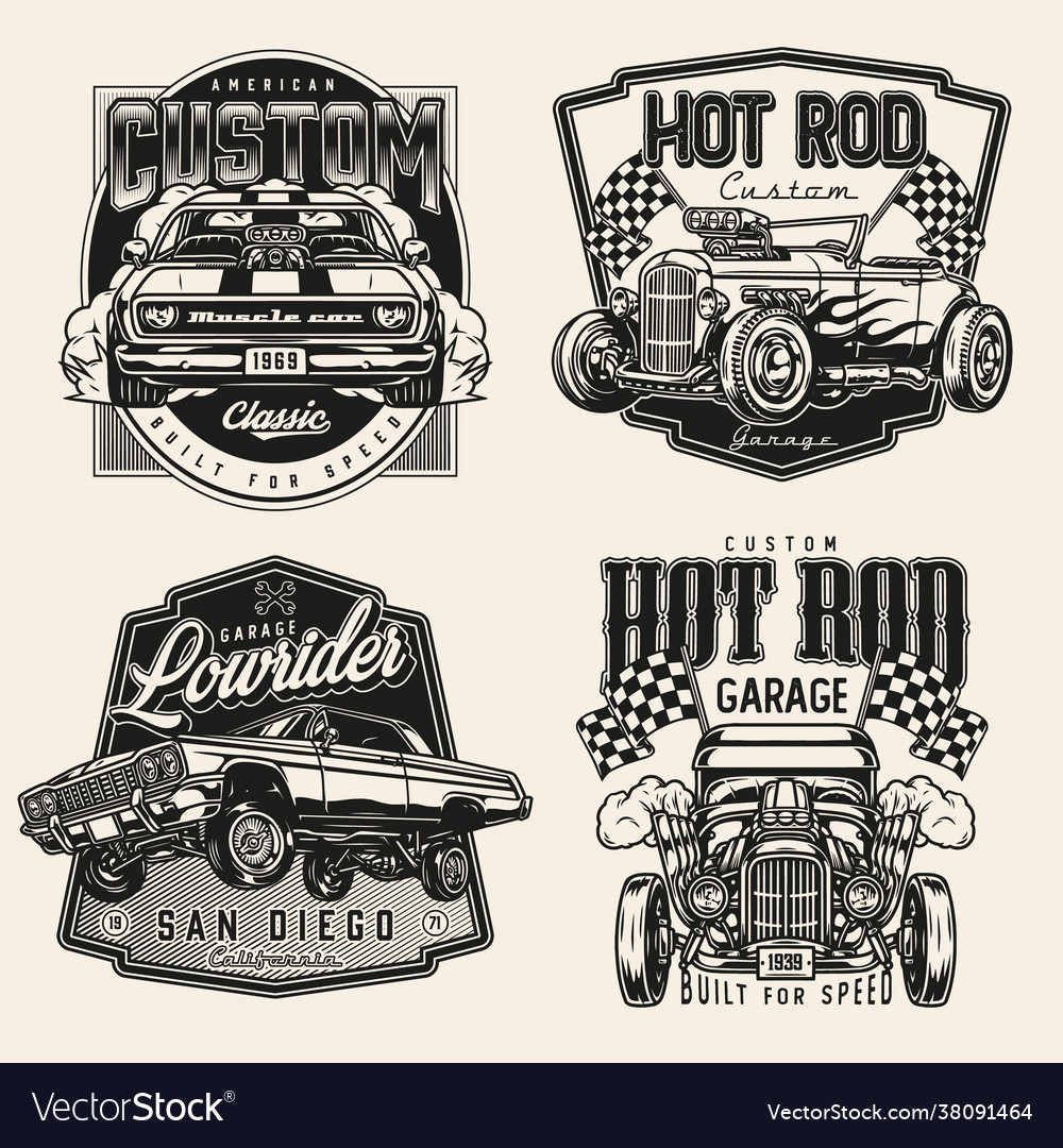 Retro custom cars vintage monochrome labels Vector Image