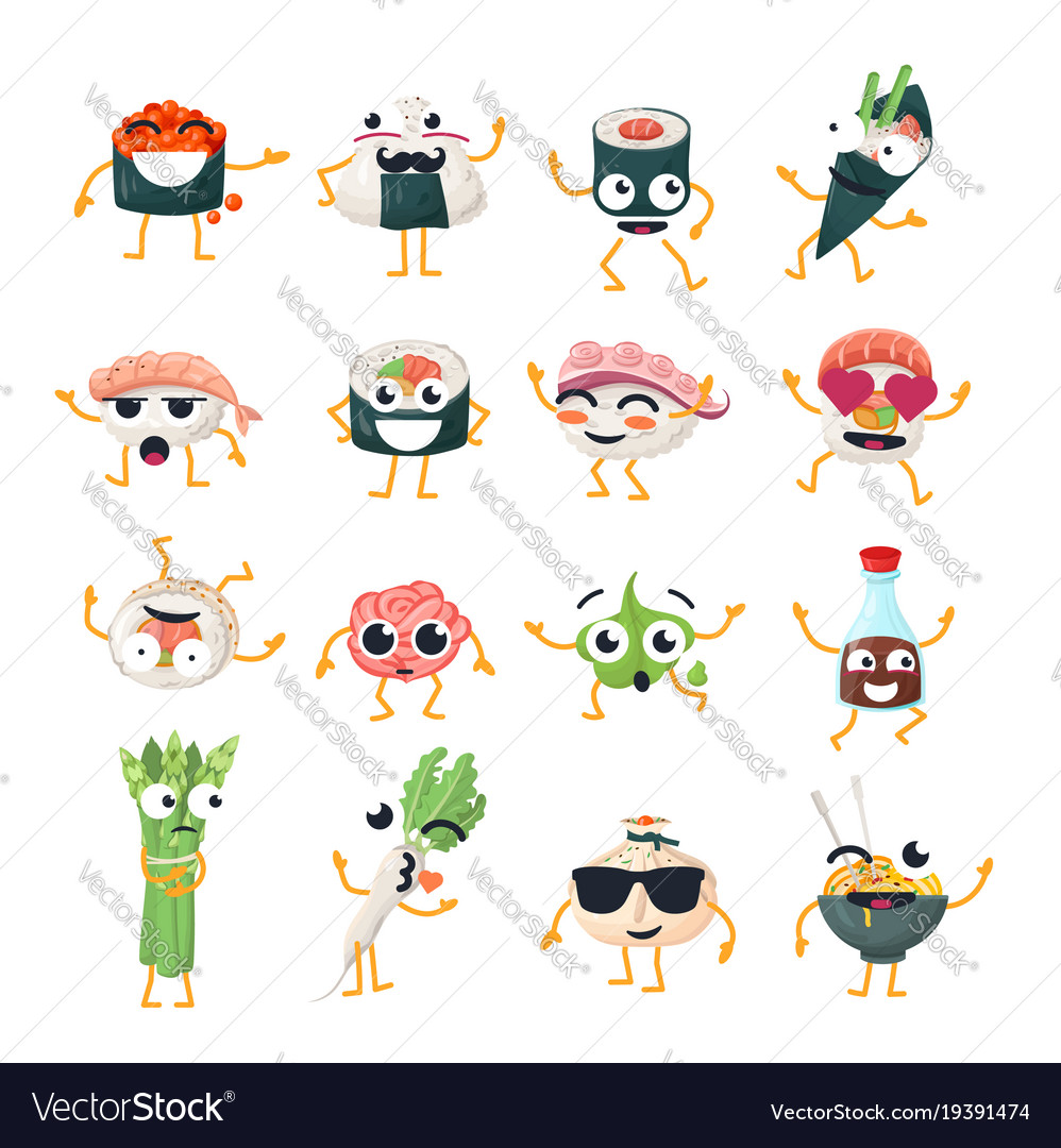 Funny sushi and wok - isolated cartoon Royalty Free Vector