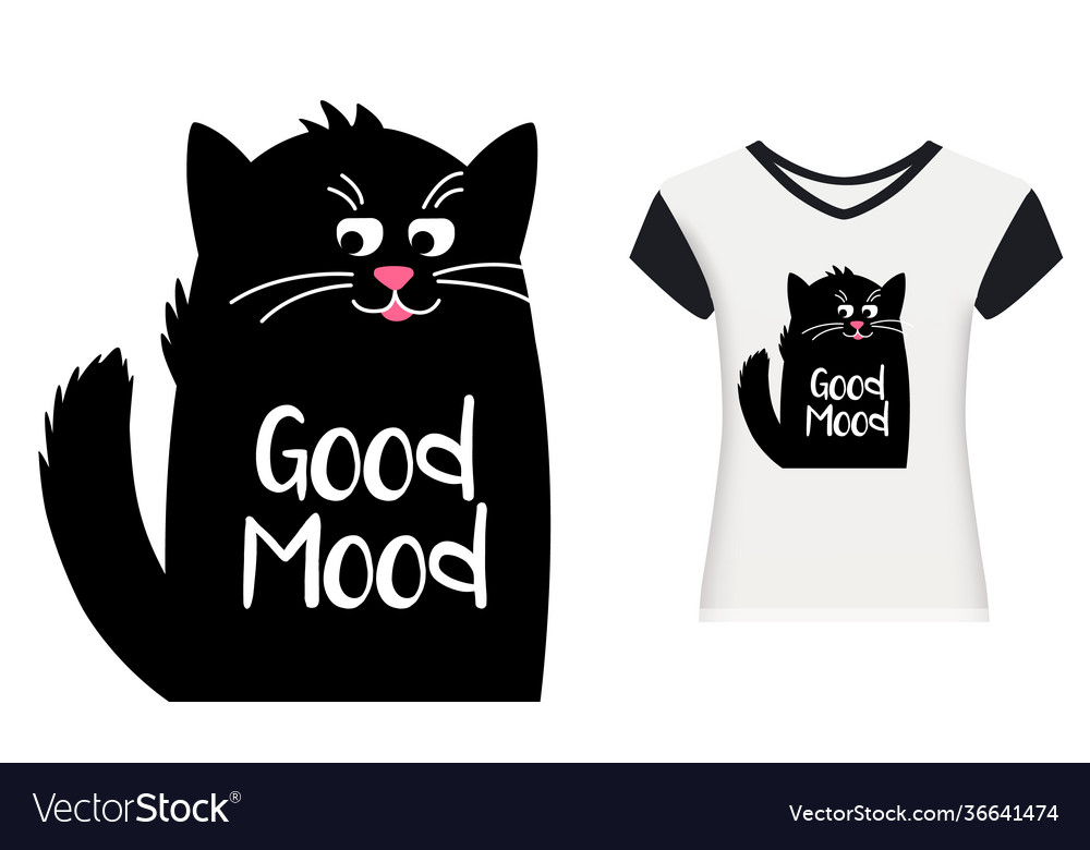 Happy cute cat with text good mood kawaii black Vector Image