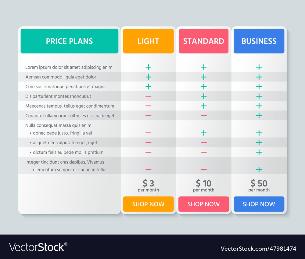Table price comparison chart plan color template Vector Image