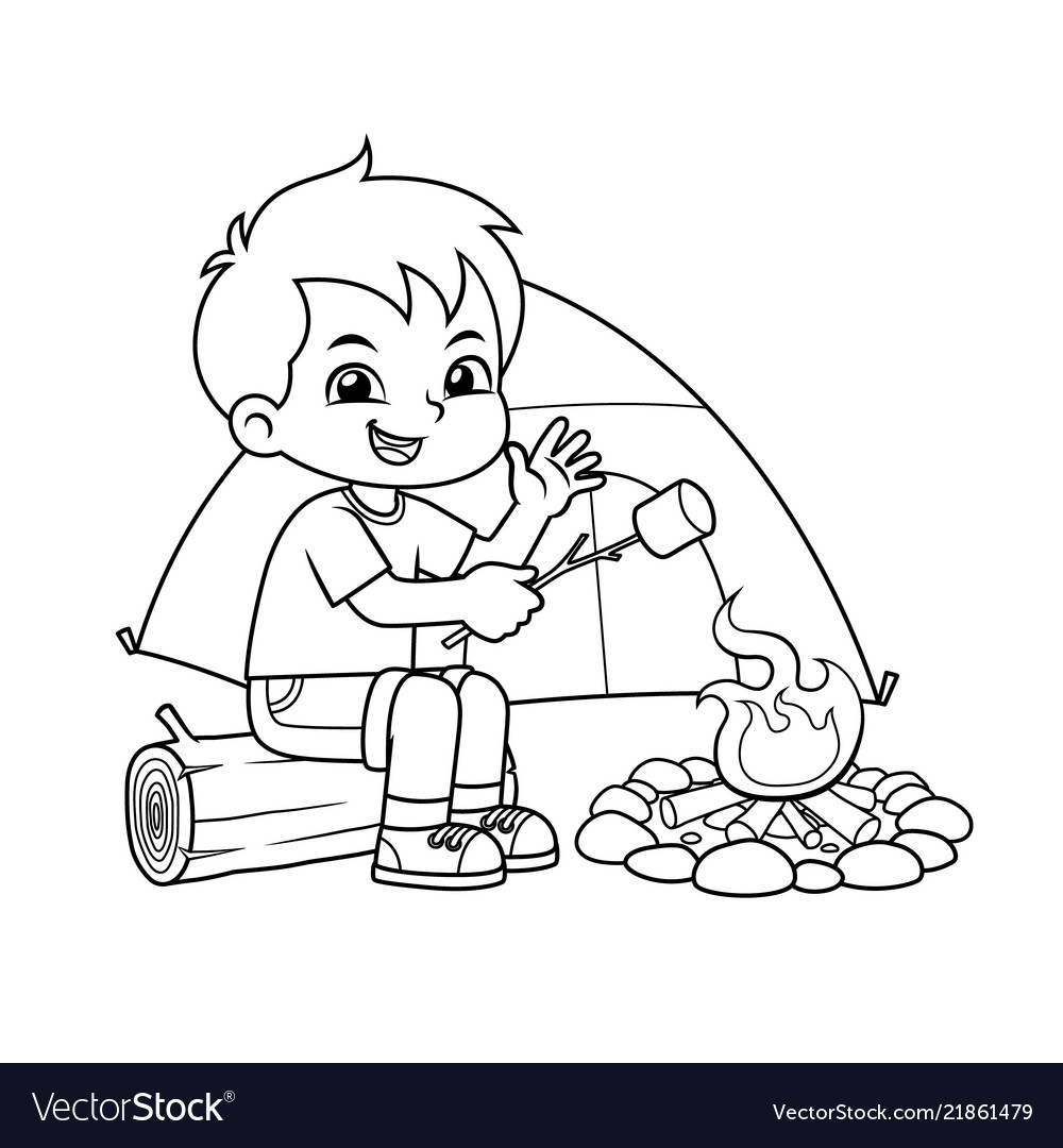 Boy making campfire and baking marshmallow bw Vector Image