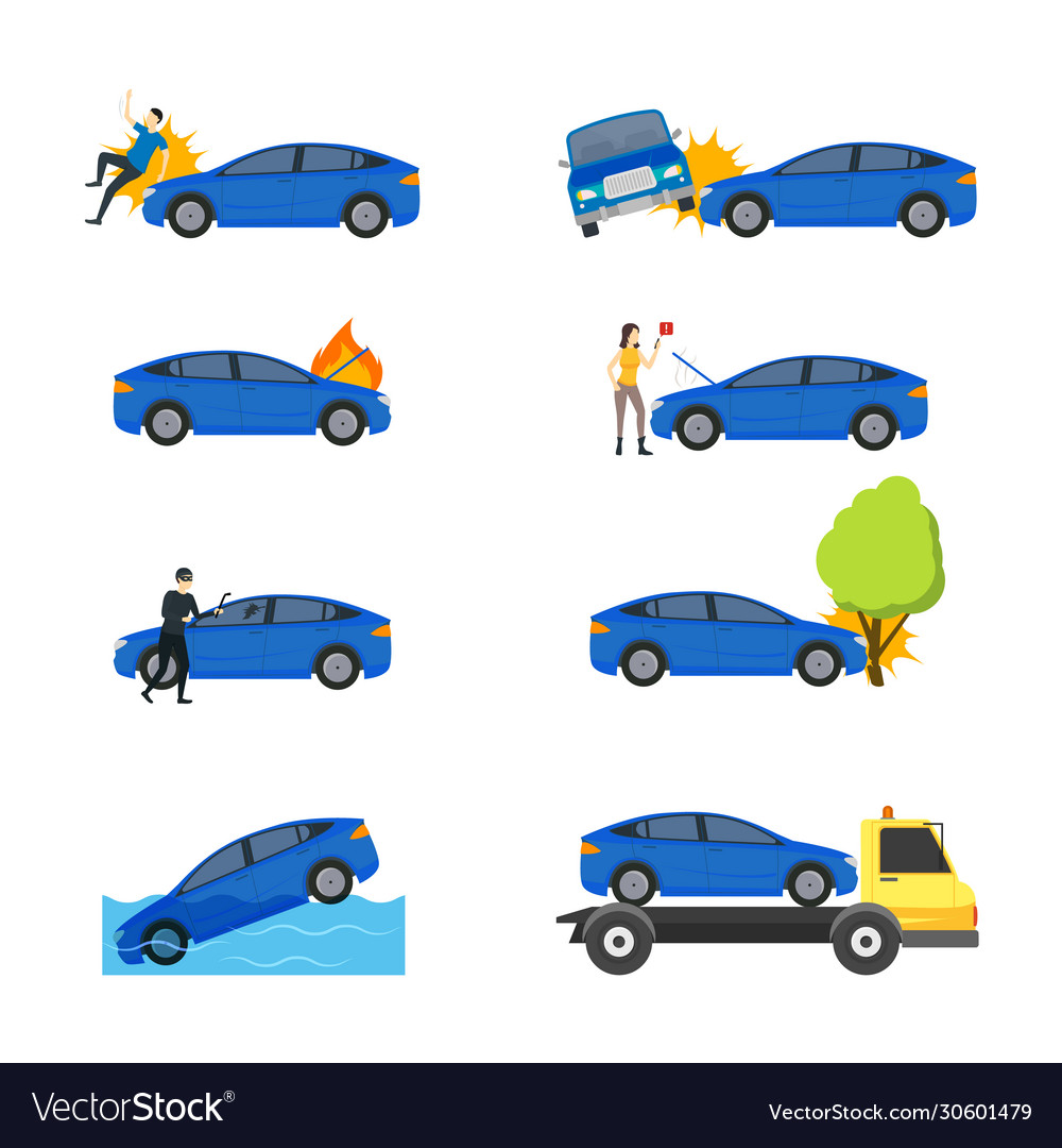 Cartoon car insurance signs icon set Royalty Free Vector