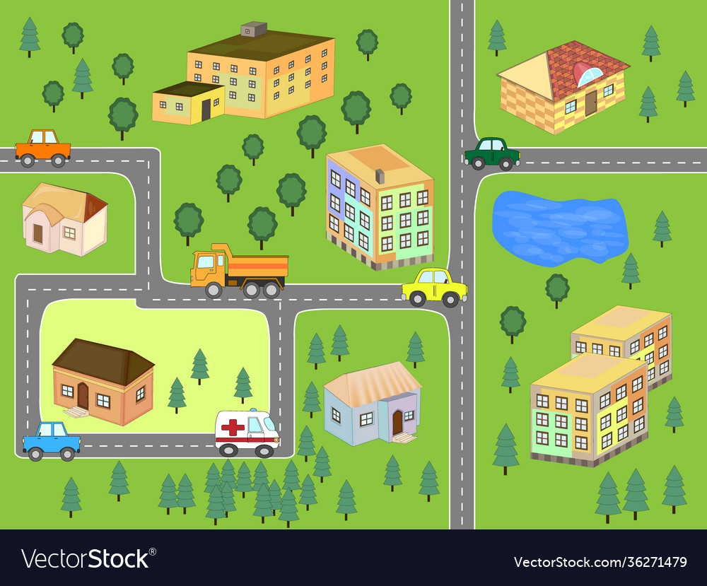 Cartoon map seamless pattern roads cars Royalty Free Vector