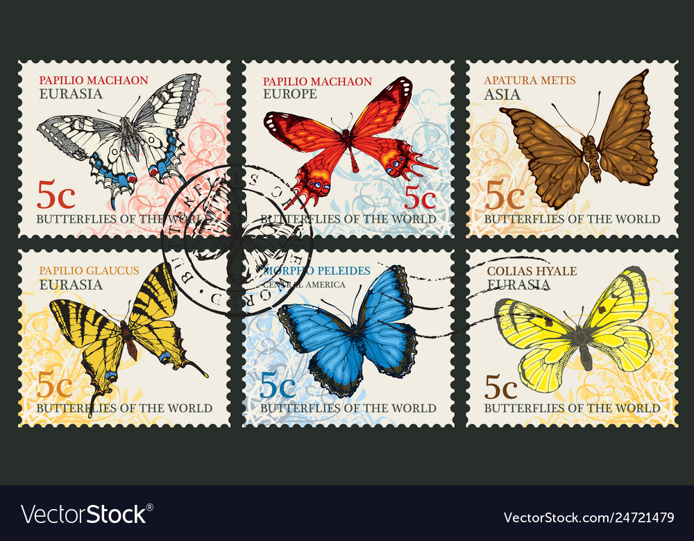 Set postage stamps with various butterflies Vector Image