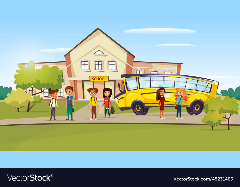 Cartoon teen kids near school bus Royalty Free Vector Image