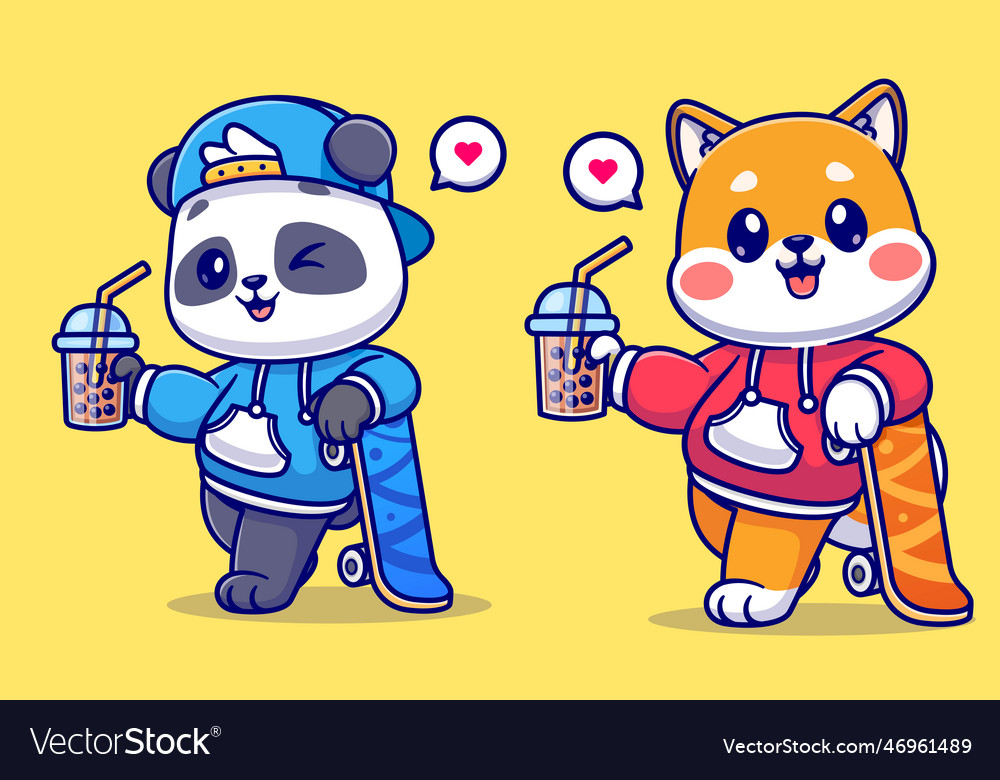 Cute panda and shiba inu drink boba milk tea