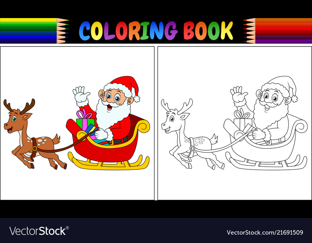 Coloring book cartoon santa claus riding his reind