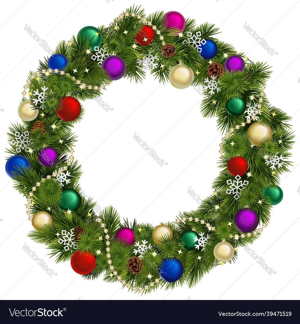 Christmas wreath with colorful baubles vector image Christmas wreath with colorful baubles