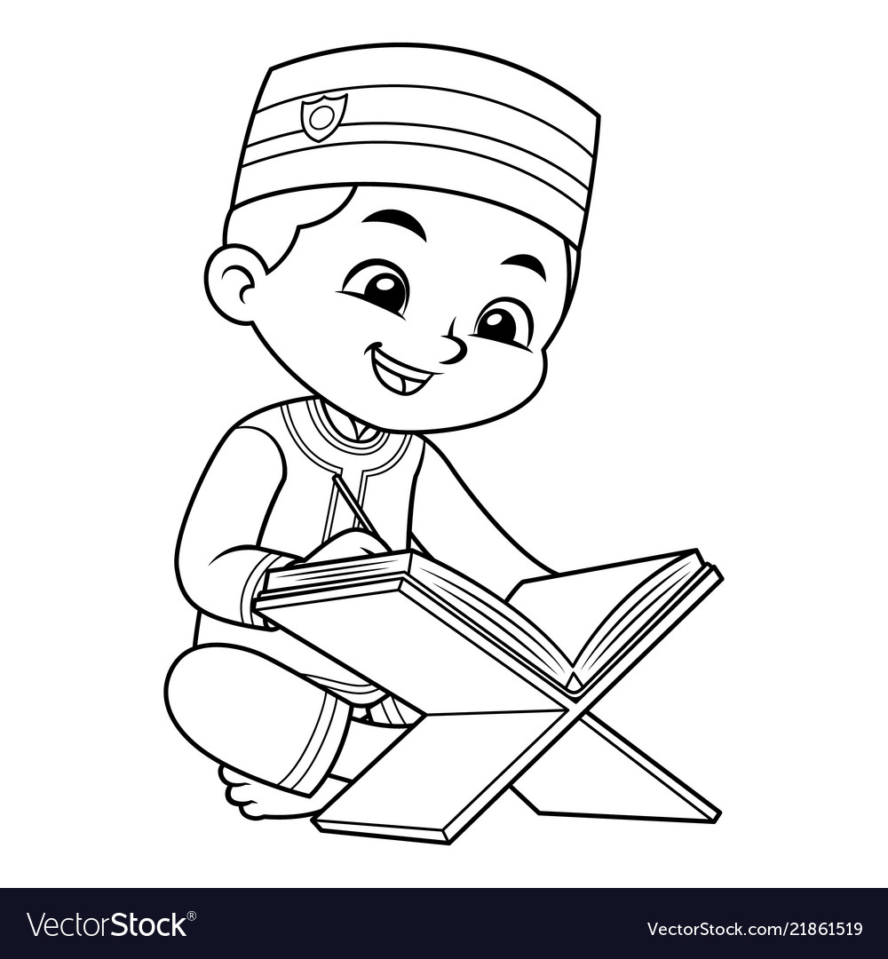 Moslem boy reading quran bw Royalty Free Vector Image