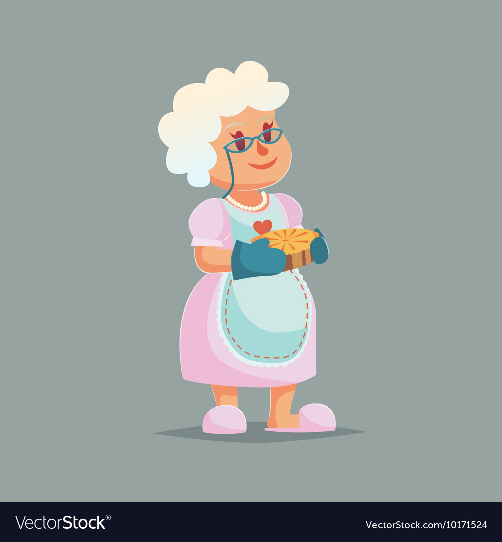 Cute granny in glasses holding pie funny cartoon Vector Image