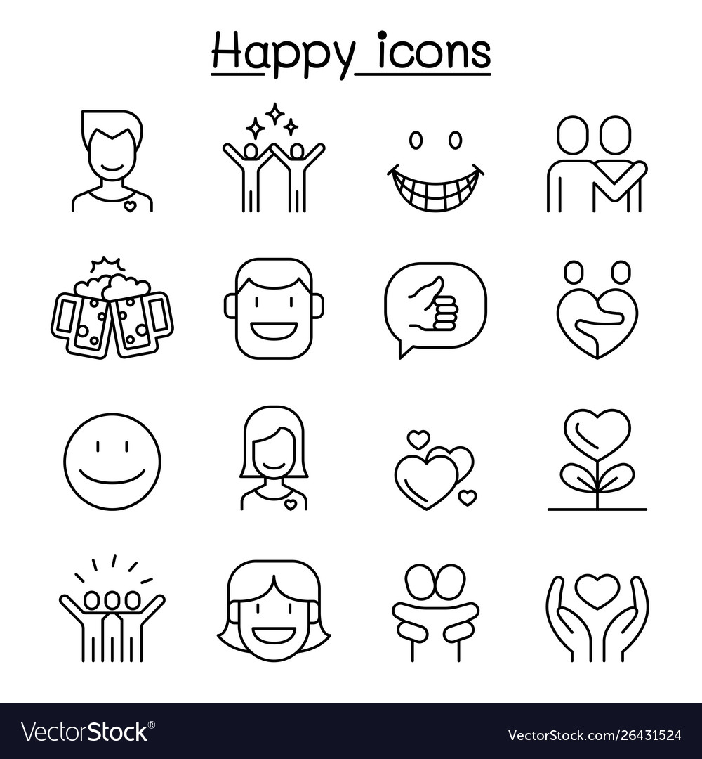 Happy icon set in thin line style Royalty Free Vector Image