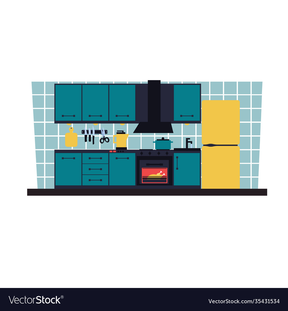 Kitchen furniture appliances and food 2d Vector Image