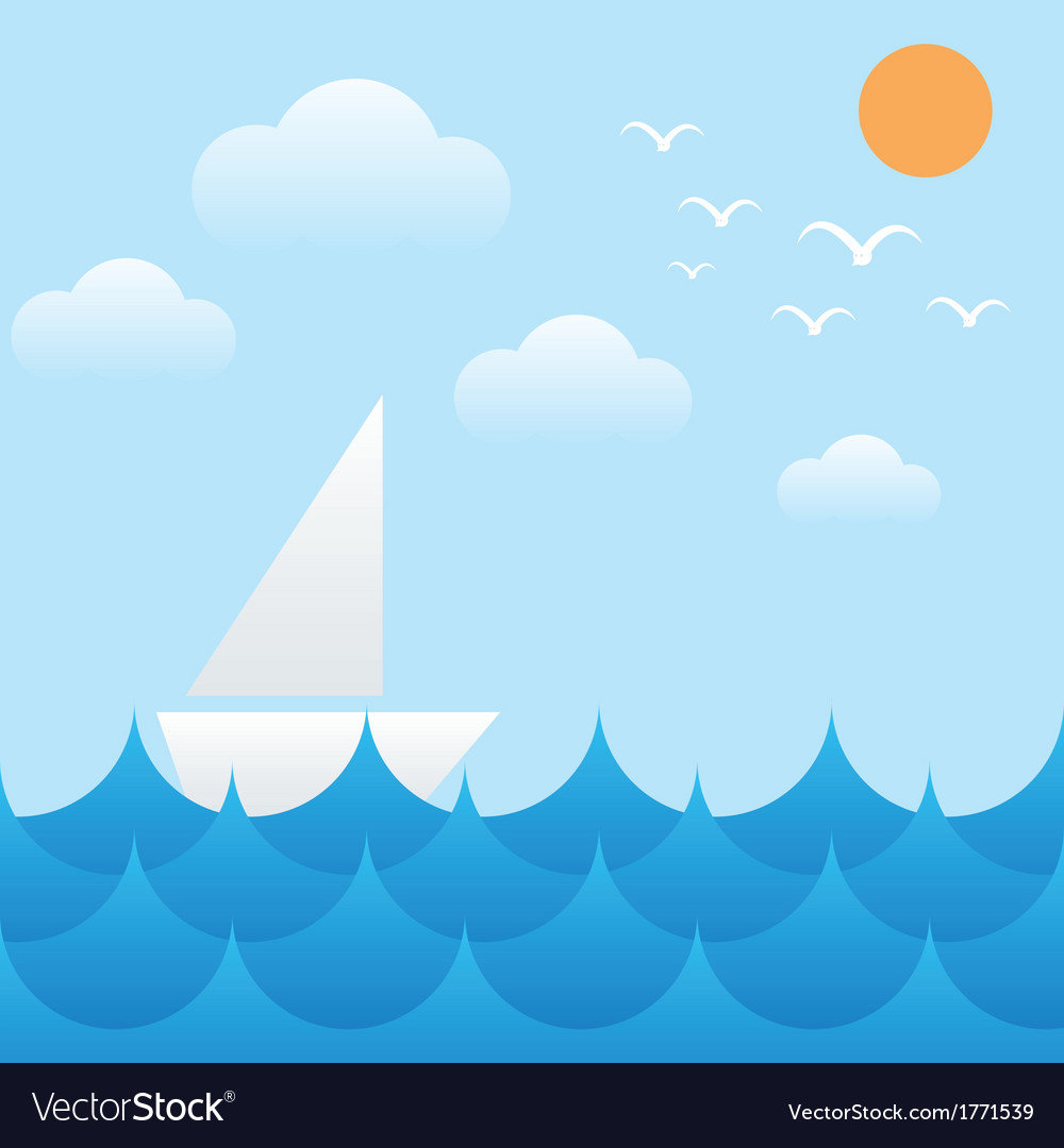 Boat at sea wavessunsky and cloud Royalty Free Vector Image