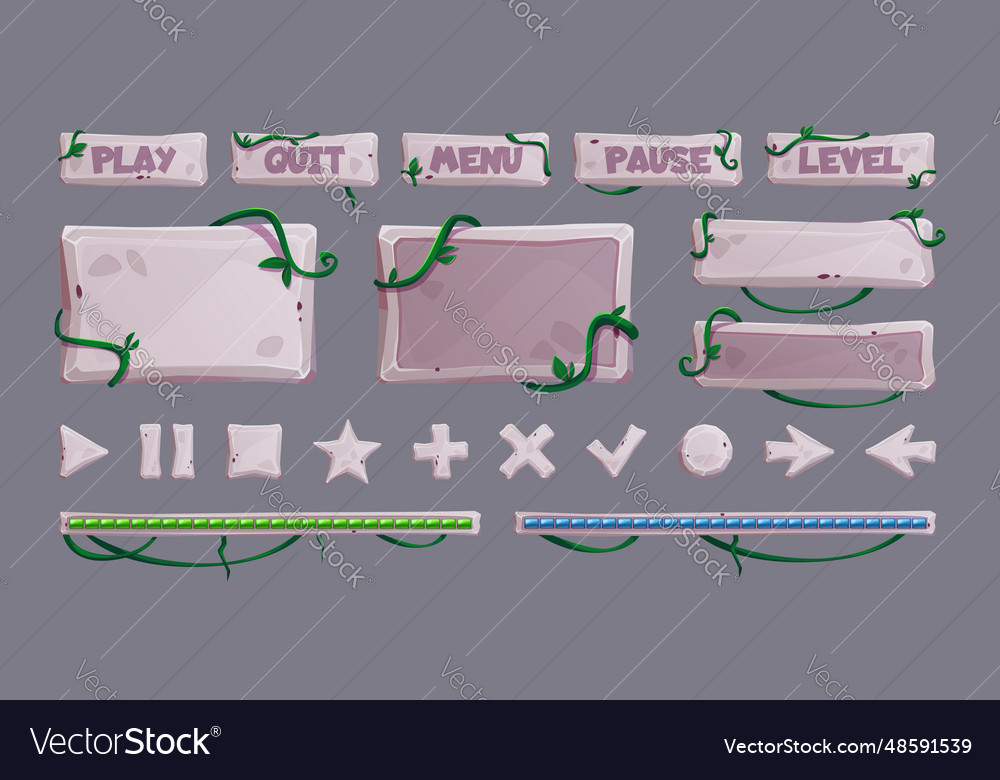 Stone gui elements with jungle vines and leaves Vector Image