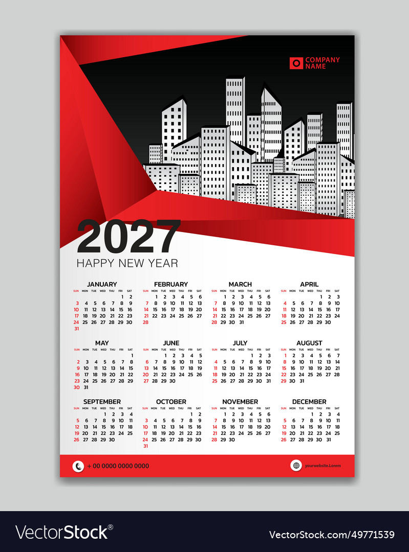 Wall calendar 2027 year red polygon template Vector Image