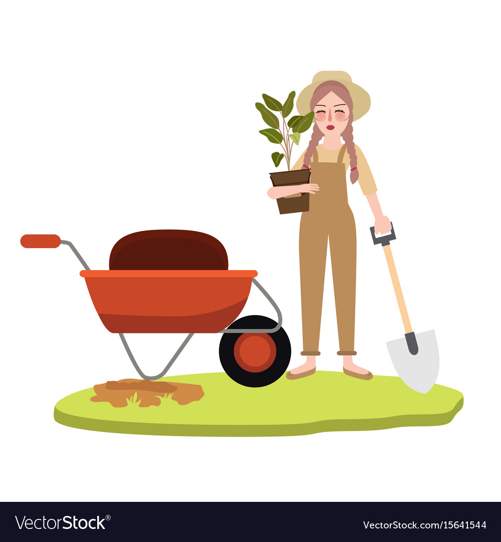 Woman girl gardening farming bring pot plant Vector Image